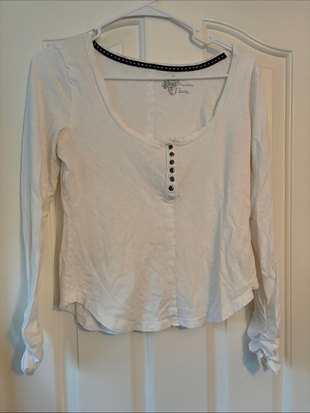 Pilcro White Long Sleeve Henley with Button Placket